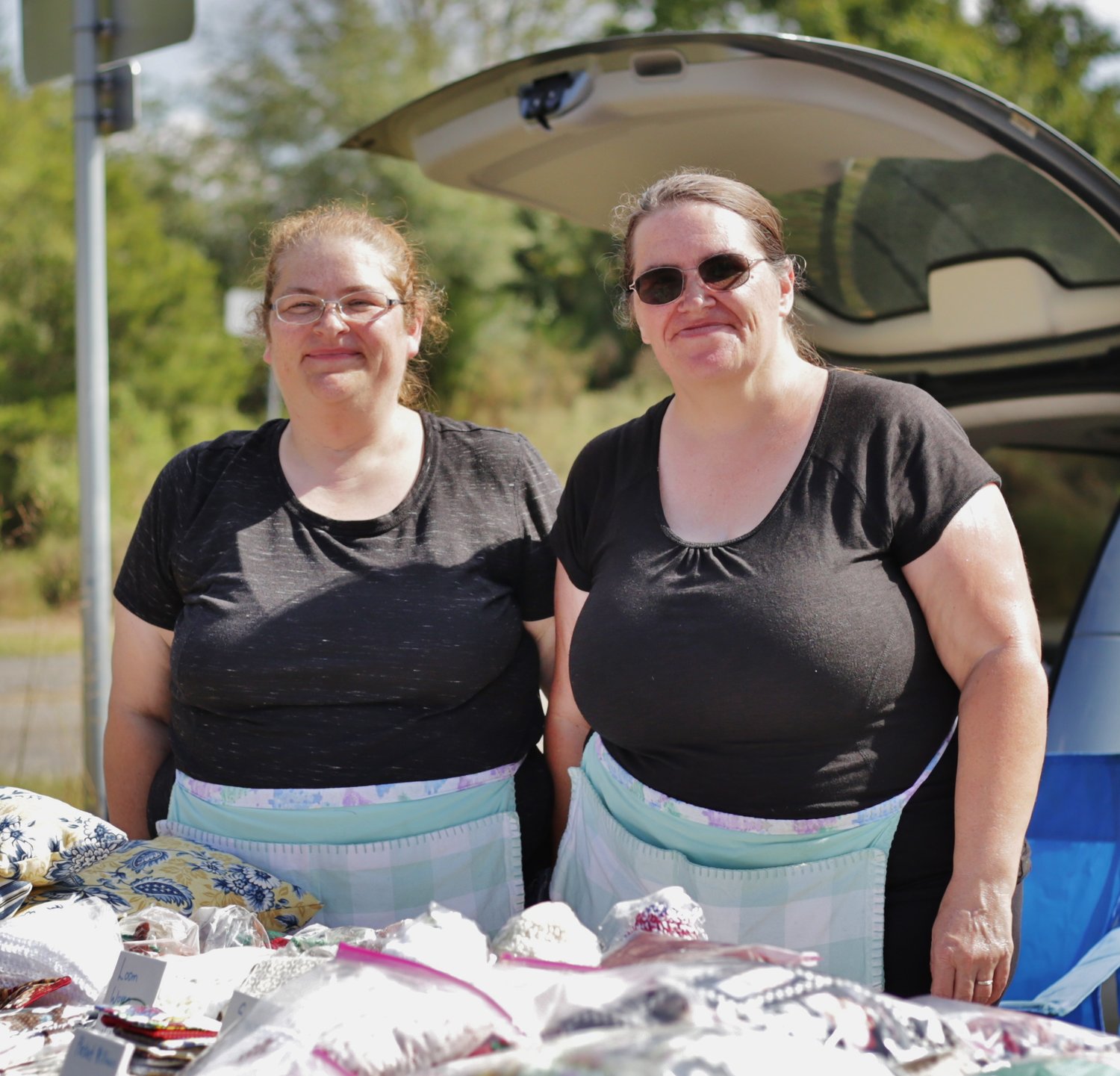 Cassandra Gibson (left) of Quitman and her sister Marinda Vance of Elmo offered detailed home-made embroidery.